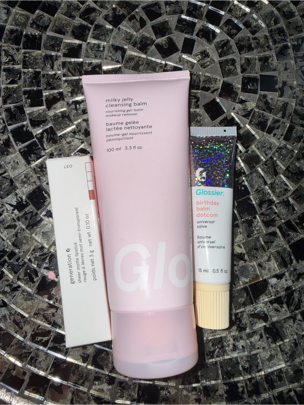 Glossier Milky Jelly Cleanser, birthday cake BDC and Leo matte lipstick bundle
